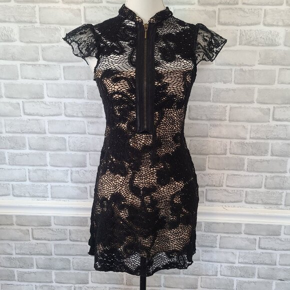 Ann Ferriday Dresses & Skirts - Vintage Ann Ferriday Y2K Black Lace Dress Fishnet Zipper Detail Ruffle Sleeve